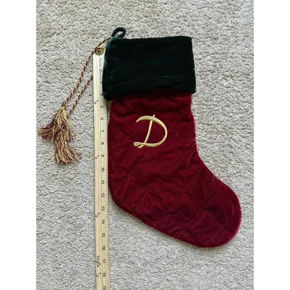 Harvey Lewis Embroidered Monogrammed D Christmas Stocking Red/Green Velvet - Picture 3 of 3